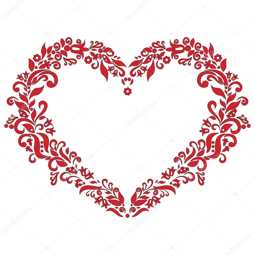 Embroidery inspired  love heart shape pattern in red with floral elements   on white  background with black stroke