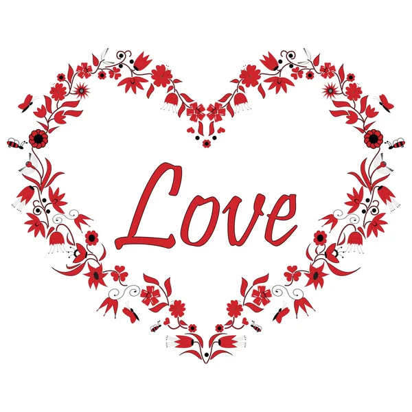 Valentines Love Heart Shape con efecto de dibujo que incluye flores y abejas, en negro y rojo — Vector de stock