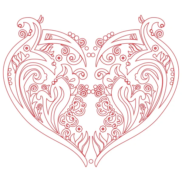 San Valentino vorticosamente amore cuore tatuaggio ispirato carta ritaglio, in bianco con disegno tratto rosso, stile schizzo su sfondo bianco — Vettoriale Stock