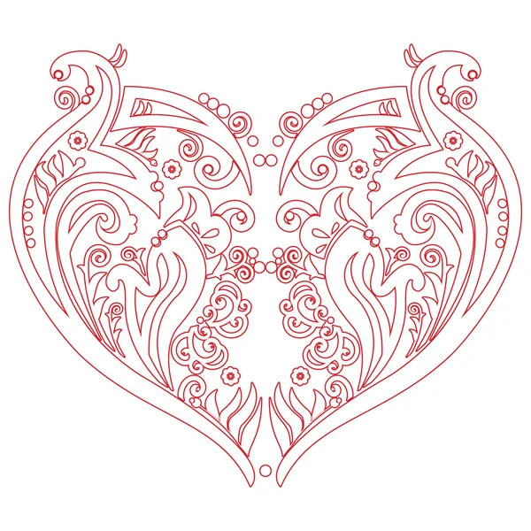Valentines Swirly love heart tattoo inspired cutout card,  in white with red stroke drawing , sketch style on white background — Stock Vector