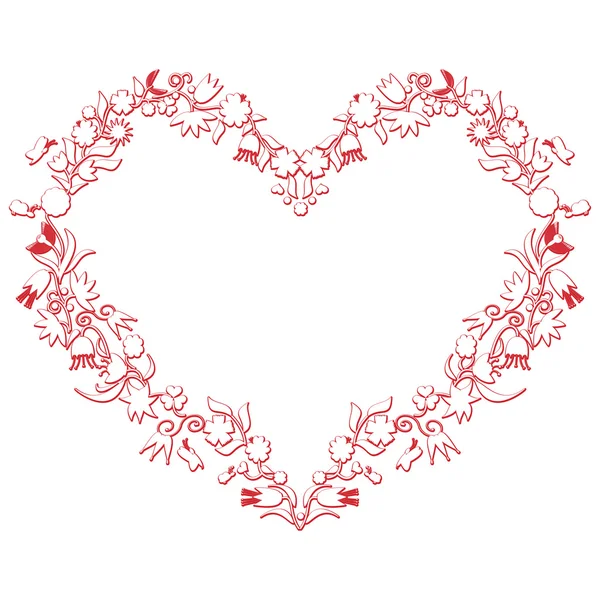 Valentines day Love Heart Shape with 3d  drawing effect including flowers and bees in white with red stroke inspired by the european folk culture — Stock Vector