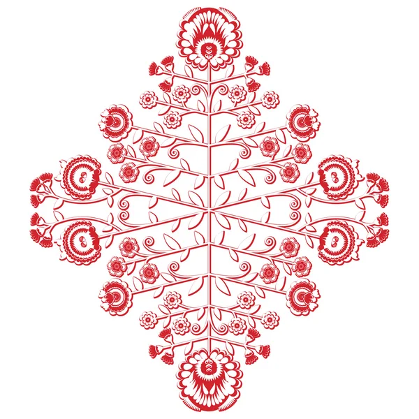 Etnické a lidové inspiroval květinové asymetrické perforací vzorem v červené a bílé, s červeným tahu kreslení, skicování vliv inspirovaný evropské kultury v karta stylu — Stockový vektor
