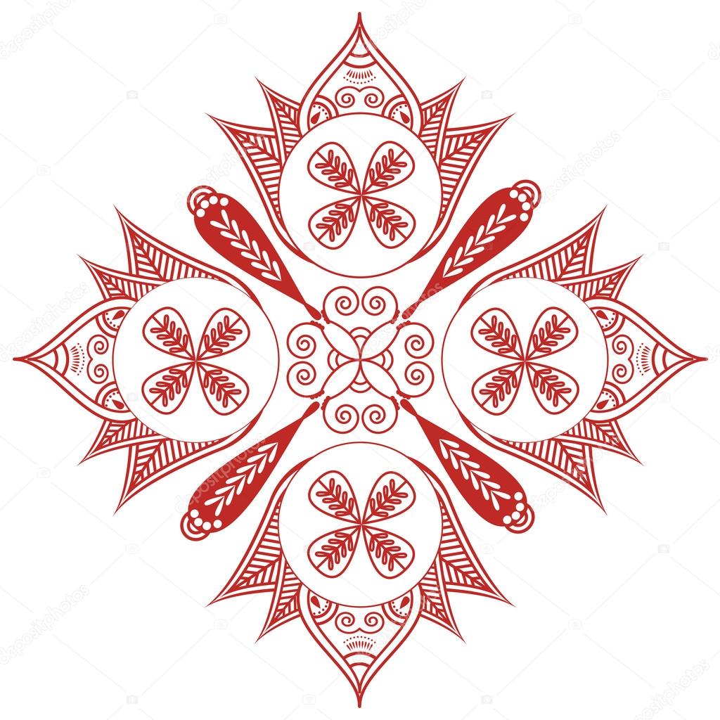 Asian culture inspired  wedding makeup  henna tattoo decoration Shape with oval diagonal elements in white, red  floral decoration  symbolizing happiness, love and spiritual life , zen , inner peace