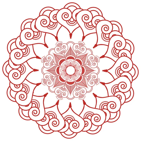 Asiatisk kultur inspirerad makeup mandala henna tatuering spetsar dekoration blomma form gjord av lämnar, hjärtan i rött symboliserar lycka, kärlek och andliga liv, zen, inre frid — Stock vektor