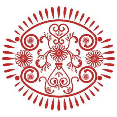 Asya kültürünü ilham düğün makyaj mandala kına dövme dantel dekorasyon oval şeklinde yapılmış bırakır, mutluluk, sevgi ve ruhsal yaşam, zen, iç barış simgeleyen kırmızı Kalpler