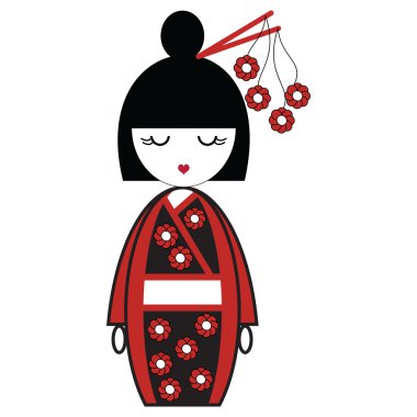 Japon geyşa Bebek Siyah ve kırmızı kimono çiçekli ilham ve saç Asya kültür tarafından sopa ile