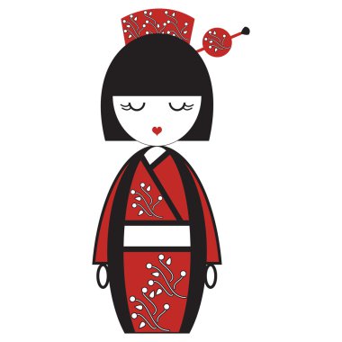 Kimono oryantal çiçek ile ve sopa ile yuvarlak öğe Asya geleneklerden ilham ile oryantal Japon geyşa bebek