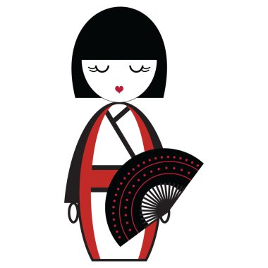 Kimono geleneksel Japon kıyafeti ve kültür esinlenerek orinetal fan öğesiyle bebekle oryantal Japon geyşa