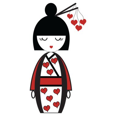 Oryantal Japon geyşa bebek orinetal saçlı kimono ile kalpleri elemanları ile sopa