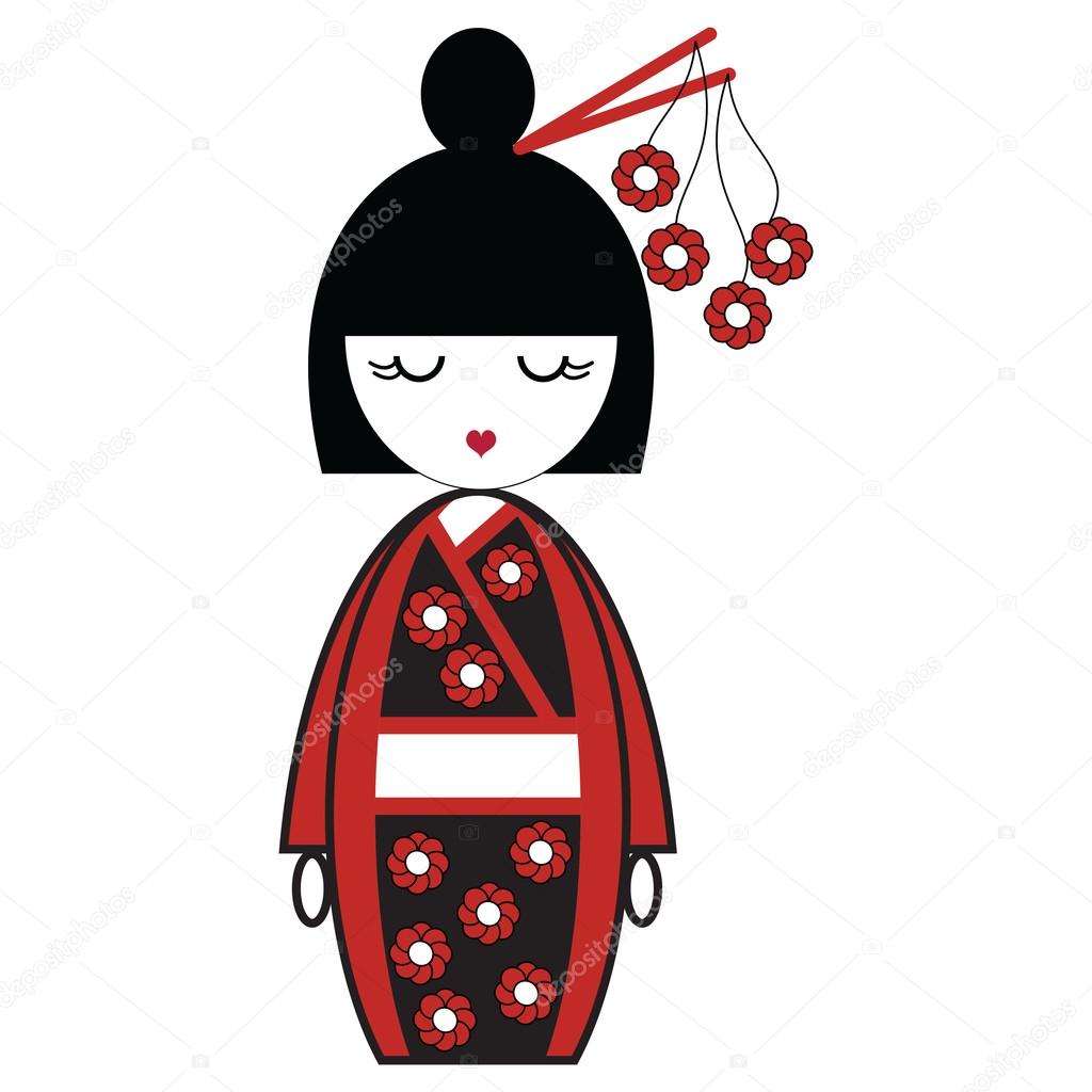 Japanese Geisha doll with black and red kimono with flowers inspired and stick in hair by Asian Culture