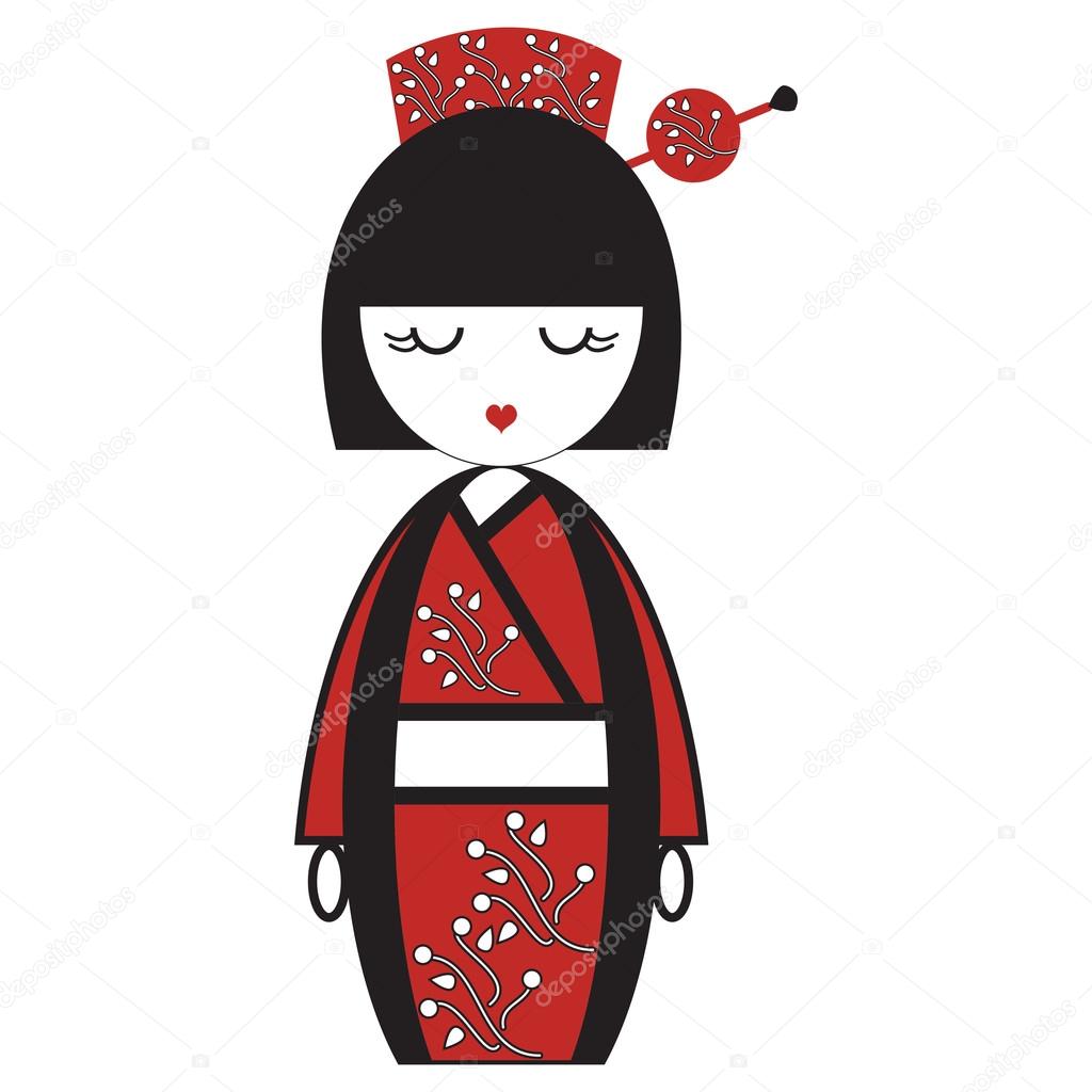 Oriental Japanese geisha  doll with kimono with oriental flowers and  stick with round element inspired by Asian  tradition