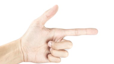 Beyaz arka plan üzerinde gösteren bir adam ele