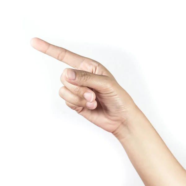 Beyaz arka plan üzerinde gösteren bir kadına el