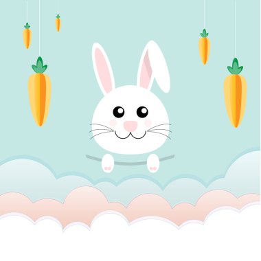 Mutlu Paskalya Konsepti. Pembe kulaklı beyaz tavşan. Üstte asılı havuçlar var. Kopyalama alanı olan tebrik kartı. Pastel Renk Tonu