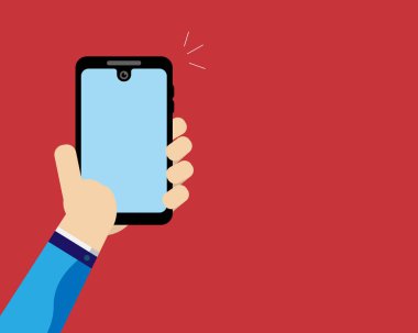 Cep Telefonu ya da Smartphone, Kırmızı Arkaplanda Erkekler Elindeki Boş Açık Mavi Ekran ile Sunum, Şablon, Tasarım, Banner için Kopya Alanı. Vektör Resimleri.