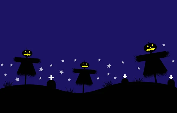 Halloween Night Concept Pkin Scarecrow Tomine Cross Star Blue Background — стоковий вектор