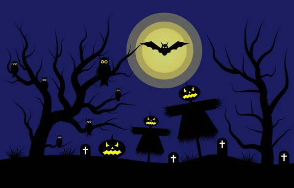 Halloween Night Concept Uil Een Tak Vleermuis Pompoen Vogelverschrikker Graf — Stockvector