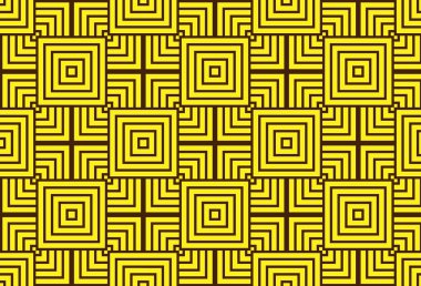 Geometrik Şablon Kusursuz. Sarı Arkaplanda Kahverengi Dikdörtgen Şekil. Kumaş, baskı, ürün, fayans, ambalaj, duvar kağıdı, giysi, ambalaj için tasarım. Vektör illüstrasyonu