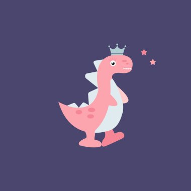 Mavi arka planda taçlandırılmış pembe ve açık mavi dinozorlar. Kartpostal, poster, duvar kağıdı, ürün, kumaş, tişört, baskı için dino. Vektör İllüstrasyonu