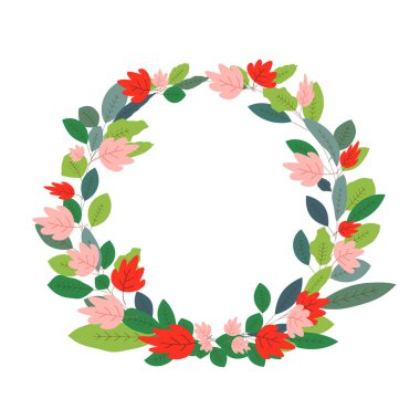 Yaprak Çelengi ve Kopya Uzayı. Yeşil yapraklar ve pembe, kırmızı akçaağaç daire şeklinde. İlham verici alıntılar, düğün, tebrik kartı, şablon, poster, baskı, kutlama unsurları..