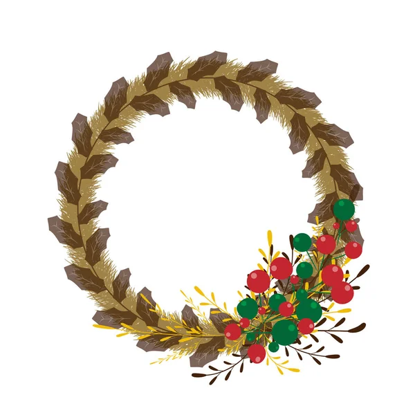 Christmas Fir Wreath Copy Space Соляний Вінок Червоними Зеленими Ягодами — стоковий вектор