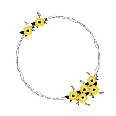 Kopya uzaylı çelenk. Çember şeklinde sarı çiçek. İlham verici alıntılar, düğün, tebrik kartı, şablon, poster, baskı, kutlama unsurları..