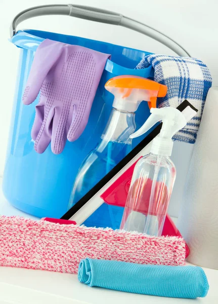 Various cleaning products and supplies for windows cleaning