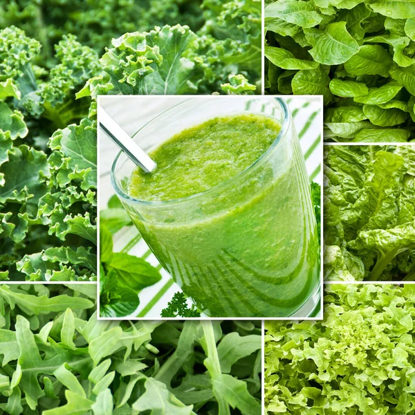 Green smoothie and vegetables collage