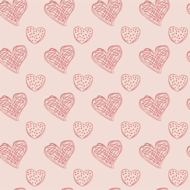 Pembe ve kremalı arka planda kusursuz kırmızı kalp deseni. Pastel, sevgililer günü arkaplanı, kumaşlar, tekstil, kartpostallar, web sitesi. Romantik Vektör illüstrasyonu.