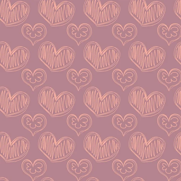 Ein Nahtloses Muster Aus Kritzelcremefarbenen Herzen Vor Sanftem Rosa Hintergrund — Stockvektor