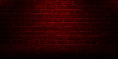 Ürünlerinizi sergilemek için stüdyo odası ve rahatsız edici kırmızı ışıklandırmalı boş tuğla duvar. Mermer zemin ve tuğla duvar dokusu.