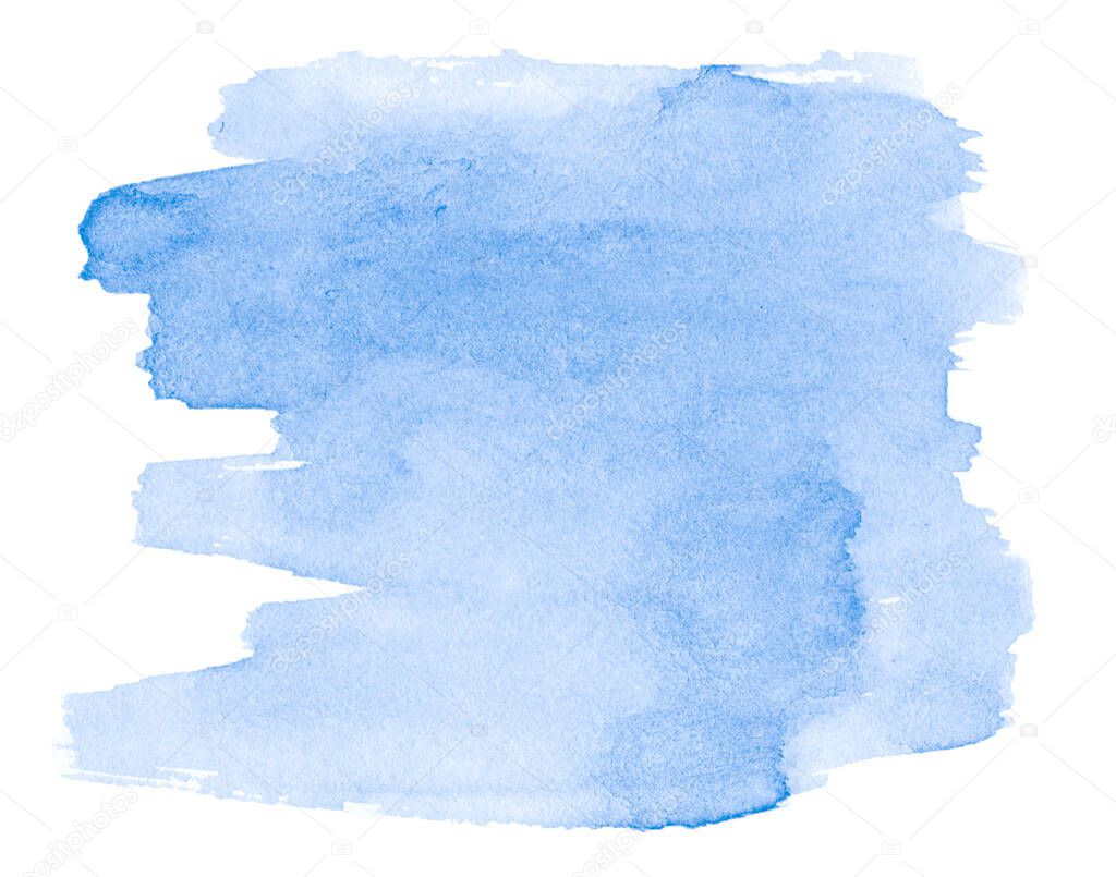 Blue watercolor, background with clear borders and natural splashes. Sky color watercolor brush stains. Copy space.