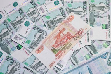 Rus rublesi, Rus rublesinin kağıt banknotları. Para arkaplanı.