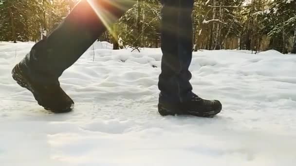 Osoba spaceruje po śnieżnej drodze. Zimny dzień. Promienie słoneczne. Widok z boku. Zwolniony ruch. — Wideo stockowe