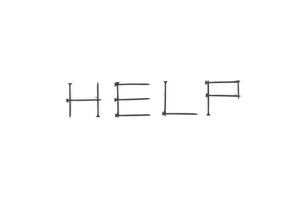 Das Wort Hilfe Ist Mit Schwarzen Schrauben Auf Weißem Hintergrund — Stockfoto