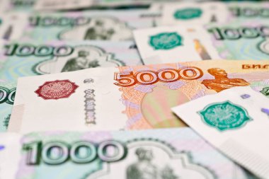 Rus rublesi, Rus rublesinin kağıt banknotları. Para arkaplanı.