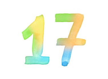 Suluboya numaraları, fırçayla elle çizilmiş. Çok renkli eski bir sembol. Selamlama, tasarım, kartpostallar, dekorasyon için şablon.