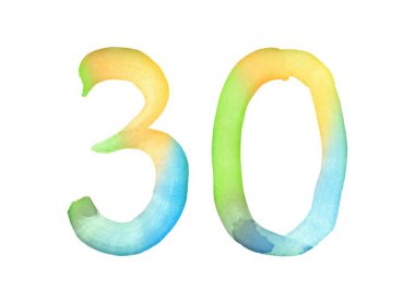 Suluboya numaraları, fırçayla elle çizilmiş. Çok renkli eski bir sembol. Selamlama, tasarım, kartpostallar, dekorasyon için şablon.