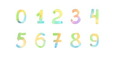 Suluboya numaraları, fırçayla elle çizilmiş. Çok renkli eski bir sembol. Selamlama, tasarım, kartpostallar, dekorasyon için şablon.