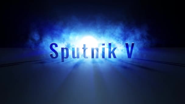 Iscrizione volumetrica Sputnik V - vaccino contro il COVID-19 coronavirus, nella retroilluminazione della luna, nuvole e nebbia vorticosa. Sfondo animato. Video in loop. — Video Stock