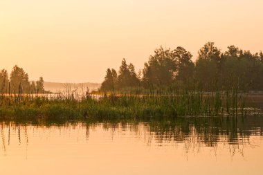 Sabahın erken saatlerinde, sakin su yüzeyinde, gölün üzerinde sis vardı. Yaz manzarası. Argazinskoe rezervuarı, Chelyabinsk, Rusya