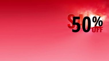 Animasyon metinler% 50 indirimli. Işık kaynağı ve bulutlarla dolu renkli bir arka plan. Boşluğu kopyala.