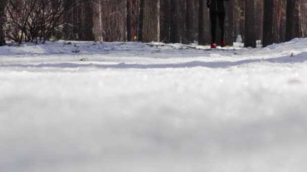 Poten van een rennende man in sneakers op een ijzige besneeuwde weg met geluid. Sport in de winter. Selectieve focus. Kopieerruimte. — Stockvideo