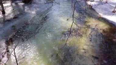 Bahar seli. Ormanda eriyen kardan taşan küçük bir nehir..