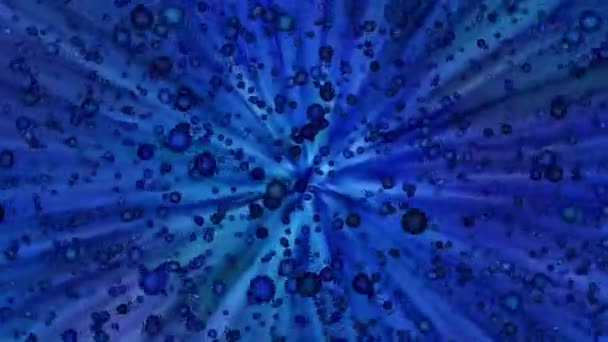 Fondo azul marino hipnotizante psicodélico bolas azules que vuelan desde el centro hacia. La ilusión de volar en el espacio. Bucle de vídeo. — Vídeo de stock