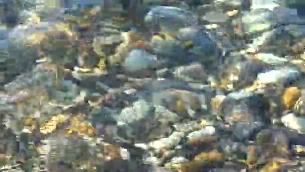 清澈清澈的沿海水- -小小的海浪，卵石底. — 图库视频影像