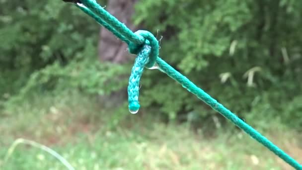 Vízcseppek csöpögnek a sátorkötélből, amikor esik. Esős nap. — Stock videók