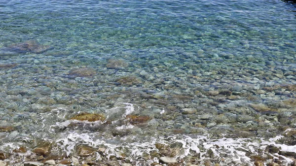 Frischer Sommerhintergrund Sand Und Kieselsteine Unter Transparentem Meerwasser Unscharfes Bild — Stockfoto