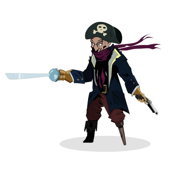 Pirate with a sword and a pistol in a hat with a skull — Stock Vector