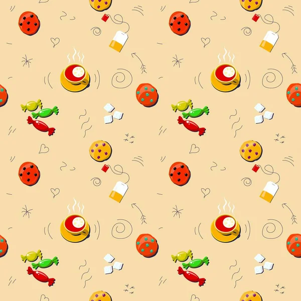 Pattern. tea-themed set. sweets, tea, tea bag, sugar